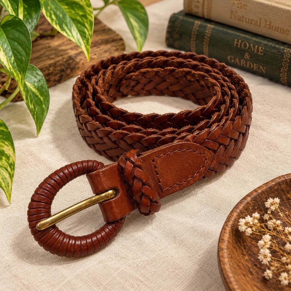 Talbots Womens Brown Braided Genuine Leather Belt Size L Woven Brass Buckle